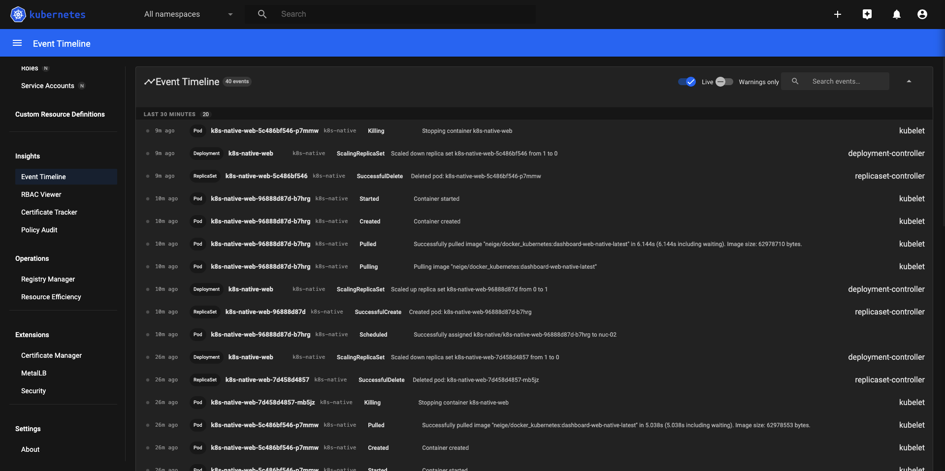 Event Timeline — live event feed with time-bucket grouping and warning highlight
