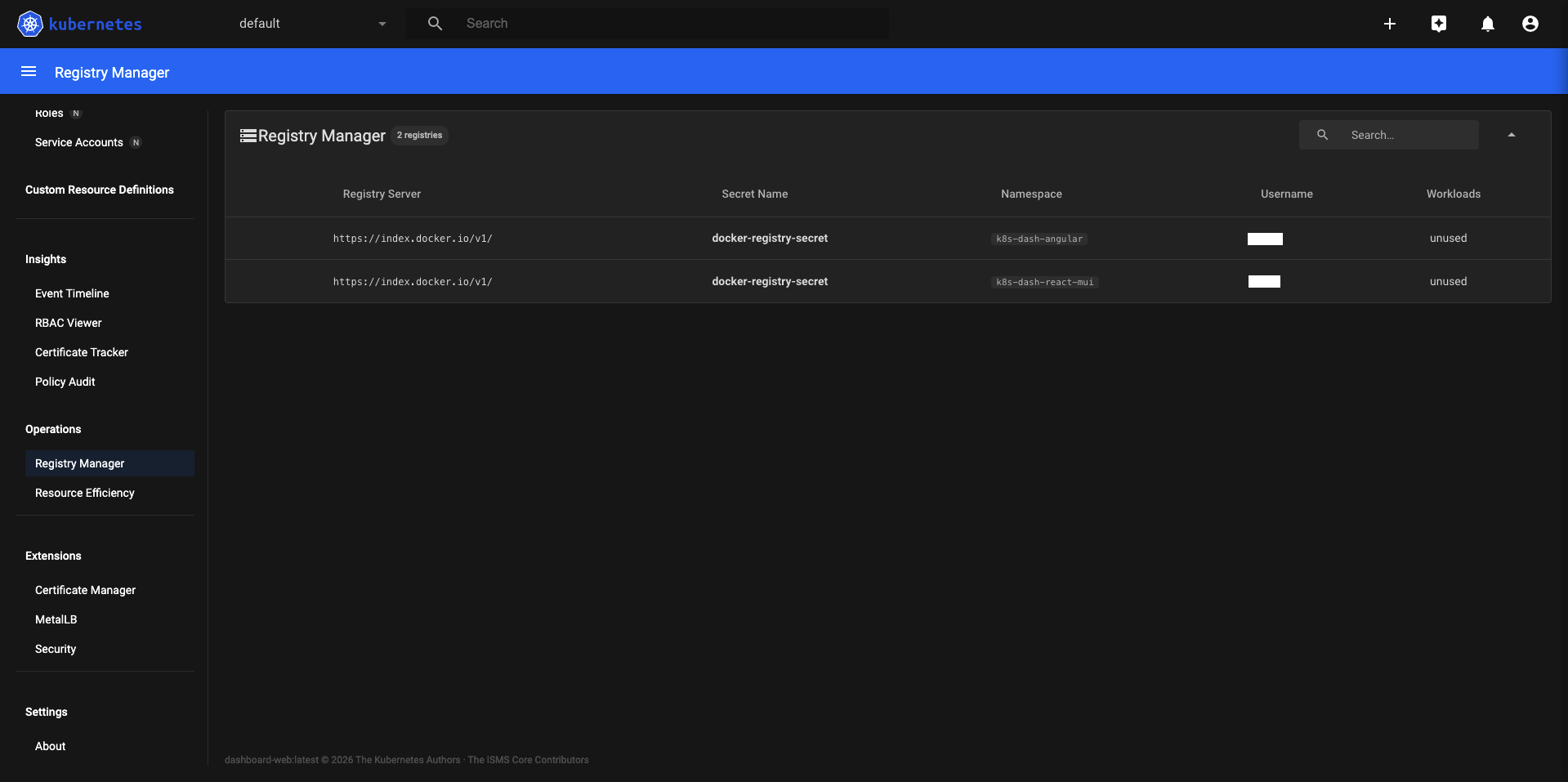Registry Manager — image pull secrets cross-referenced with pod imagePullSecrets