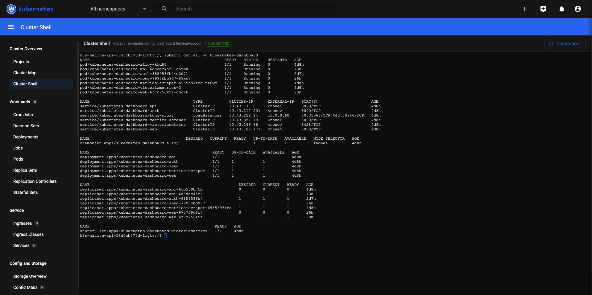 Cluster Shell — interactive xterm.js terminal for pod exec